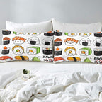 Erosebridal Kawaii Sushi Pattern Comforter Set King, Japanese Style Down Comforter, Food Theme Quilted Duvet for Kids Boys Girls Teens, Cute Cartoon Japanese Sushi Quilt Set Room Decorative