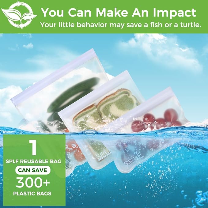 SPLF 10 Pack Dishwasher Safe Reusable Snack Bags | BPA Free Reusable Food Storage Freezer Bags Leakproof Silicone and Plastic Free Lunch Bags Fridge Home Organization