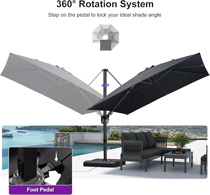 PURPLE LEAF 9.8' X 9.8' Left-right Tilting Patio Umbrella Outdoor Cantilever Swivel Square Umbrella Aluminum Offset Umbrella with 360-degree Rotation for Garden Deck Pool Patio Grey