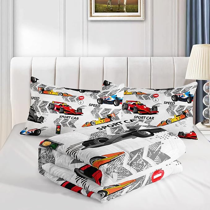 Axolotl Racing Car Comforter Set Full Size,Extreme Sports Boys Bedding Set for Boys Teens Girls Car Racing Gifts,Race Cars Quilt Bed Set with 1 Comforter 2 Pillowcases,Multi Color