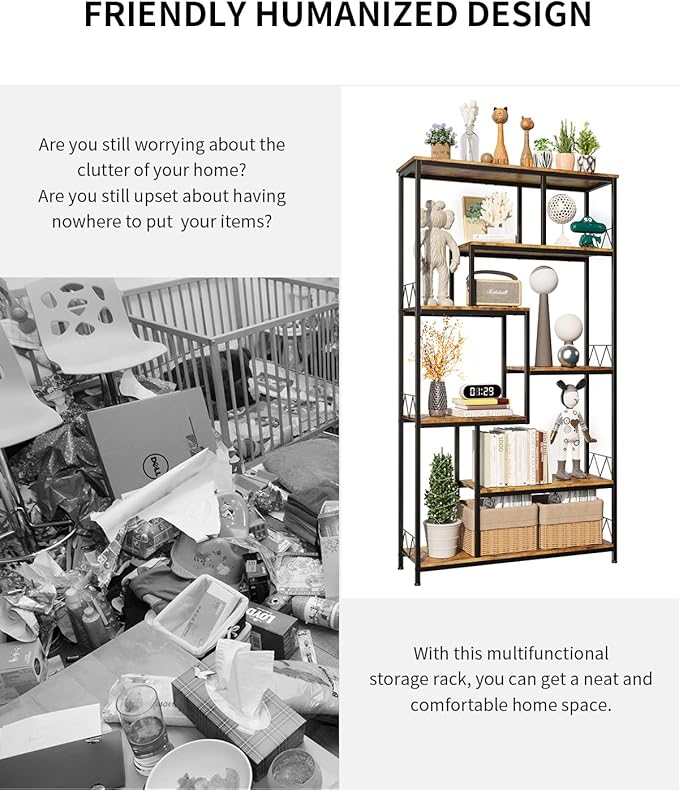 Gizoon 71” Industrial Bookshelves for Storage, Tall Display Etagere 8-Shelves for Bedroom, Metal Frame Staggered Bookcases for Bedroom, Living Room, Home Office, Retro