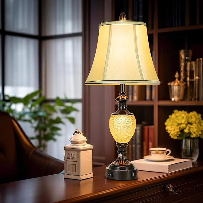 27'' High Vintage Table Lamp Set of 2 for Living Room Farmhouse Bedside Lamp with Fabric Shades Boho Nightstand Lamp with USB and Nightlight for Bedroom Home Office Hotel Bar (Bulb Included)