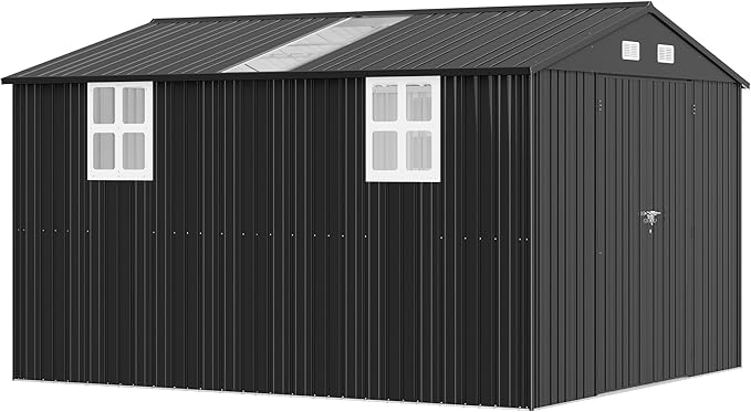 AMERLIFE 10x11.5x7.4 FT Galvanized Steel Storage Shed with 2 Transparent Panels, 2 4-Pane Windows & Hinged Double Doors, Outdoor Shed for Backyard, Patio, Garden, Dark Gray