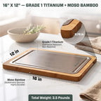 Pure Titanium Cutting Board with Bamboo, Double Sided, Microplastic Free | Knife friendly, Non-Porous, Juice groove, Handles, Chicken, Fish, Steak Cutting Board, Non-Slip, Hand Wash Easily 16x12"