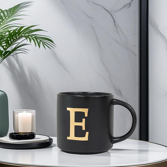 COLLECTIVE HOME - Monogram Ceramic Mugs, 15 oz Golden Initial Black Coffee Cups, Elegant Alphabet Tea Mugs, Elegant Personalized Mug with Gift Box, Unique Mug with Double Side Capital Lette (E)