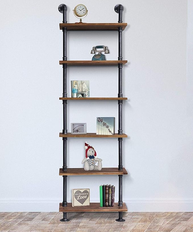 Diwhy 24”width Industrial Pipe Shelves Rustic Modern Wood Ladder Bookcase with Metal Frame,Pipe Wall Shelf,Wood Storage,Home Decor,Display Shelving,Retro Floating Wood Shelving,6 Layer Bookshelf