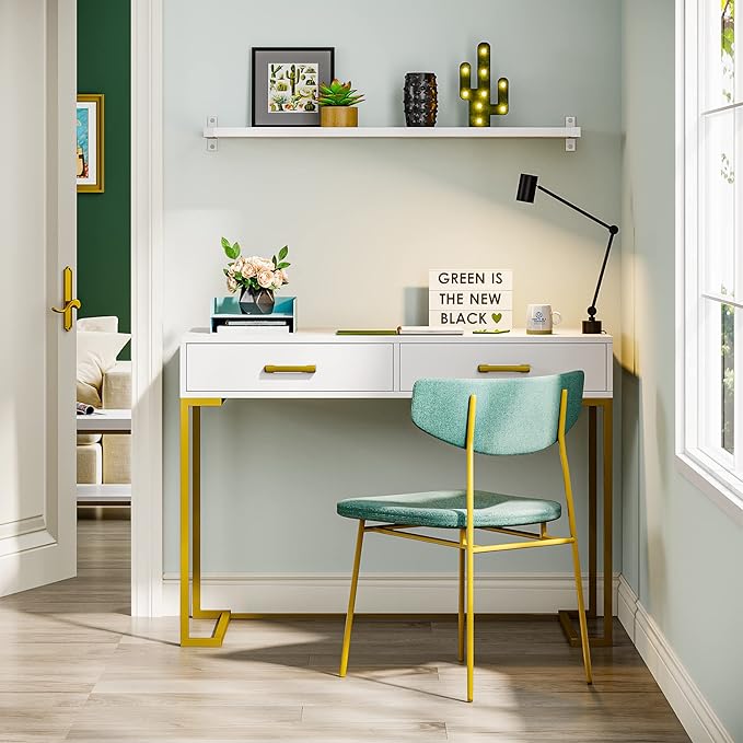 Computer Desk with 2 Drawers, Wooden Writing Desks for Home Office, White&Gold