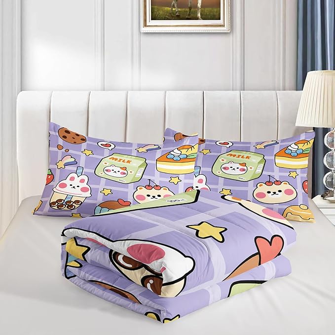 Kawaii Bear Comforter Set for Kids Teens Girls Women,Purple Bear Kids Comforter,1 Comforter with 2 Pillowcase, Microfiber 3 Piece Bedding Set,for All Seasons(Purple，Queen Size)