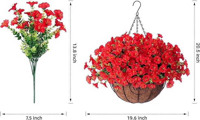 Ivydale Artificial Faux Hanging Flowers Plants Baskets for Outdoors Outside Spring Decoration, Fake Silk Red Morning Glory UV Resistant Look Real for Front Door Porch Patio Balcony Yard Garden Home