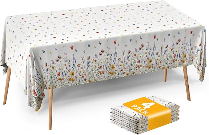 Floral Tablecloth 4 Packs 54x108 Inch - Butterfly Spring Wildflower Plastic Table Cover for Wedding Decorations Easter, Baby in Bloom Showers & Mother's Day Tea Parties Disposable Rectangle Tablecloth