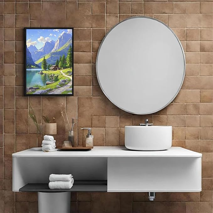 Landscape wall painting of mountain forest lakeside cabin under blue sky and white clouds natural oil painting poster suitable for living room bedroom office