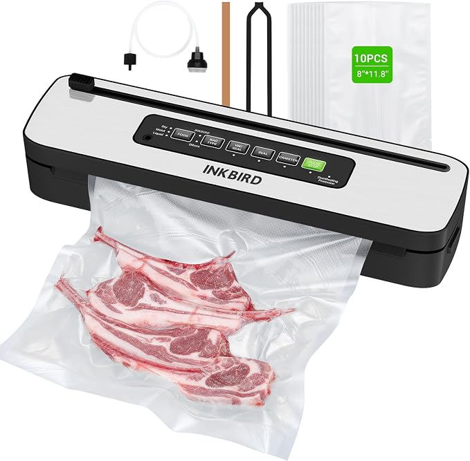 Vacuum Sealer Machine, INKBIRD Powerful 130W High Power with Liquid/Moist/Dry 6-Food Modes, Compact Food Preservation System with Cutter, Full Start Kit with Pre-cut Bags*10 (8''*11.8''), EXT-VAC