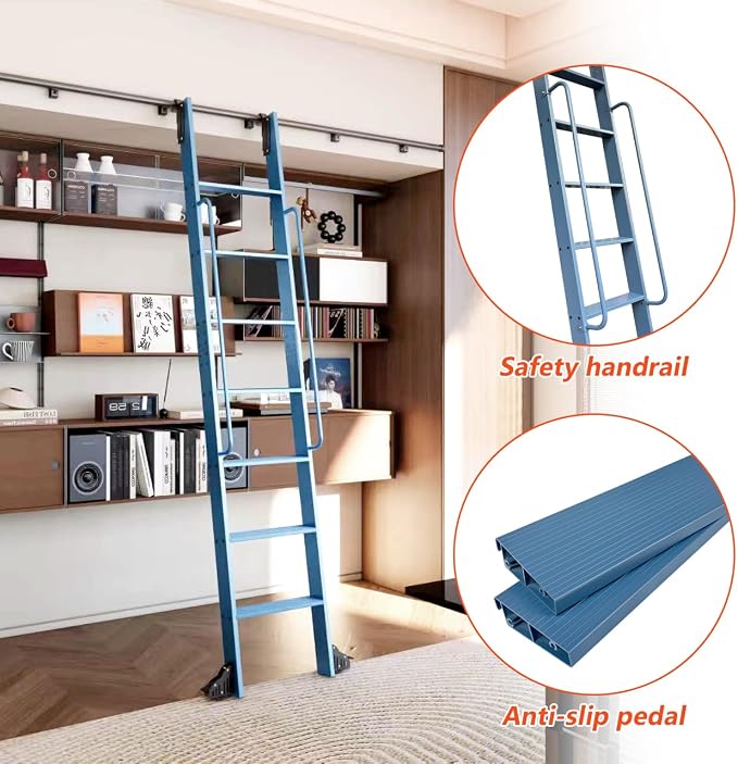 DIYHD 120" Rolling Library Ladder with Handrail, 4FT Sliding Rail, Blue | 10-Step lightweight ladder with space-saving upright storage, Telescopic top hooks, Locking bottom rollers, 300lbs capacity