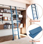 DIYHD 120" Rolling Library Ladder with Handrail, 4FT Sliding Rail, Blue | 10-Step lightweight ladder with space-saving upright storage, Telescopic top hooks, Locking bottom rollers, 300lbs capacity