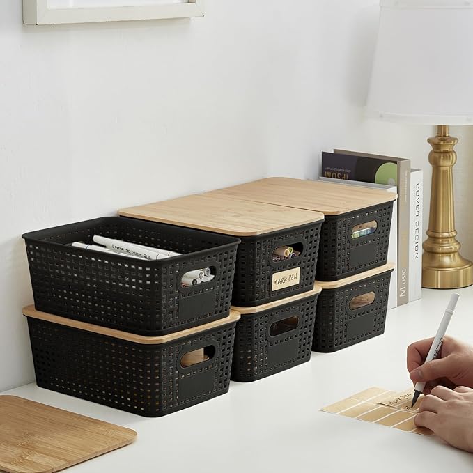 Small Plastic Storage Bins with Bamboo Lids 5.2qt Stackable Box Basket Pantry Decorative Containers Cute with Lable for Organizing Desktop Closet Office Black of 6 packs 10 * 7.2 * 4.1'’