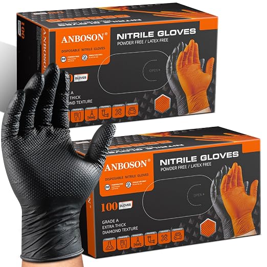 ANBOSON 10 Mil Heavy Duty Mechanic Nitrile Gloves, XLarge Black 200 Count | Diamond Grip,Latex Free,Chemical Resistant Disposable Thick Rubber Gloves for Auto Repair, Industrial, Food, Work ,BBQ,Men
