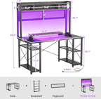armocity 2024 Upgrade Gaming Desk with Hutch, 48'' Magic Computer Desk with LED and Outlets, Reversible Workstation Desk with Pegboard, Grey/Black