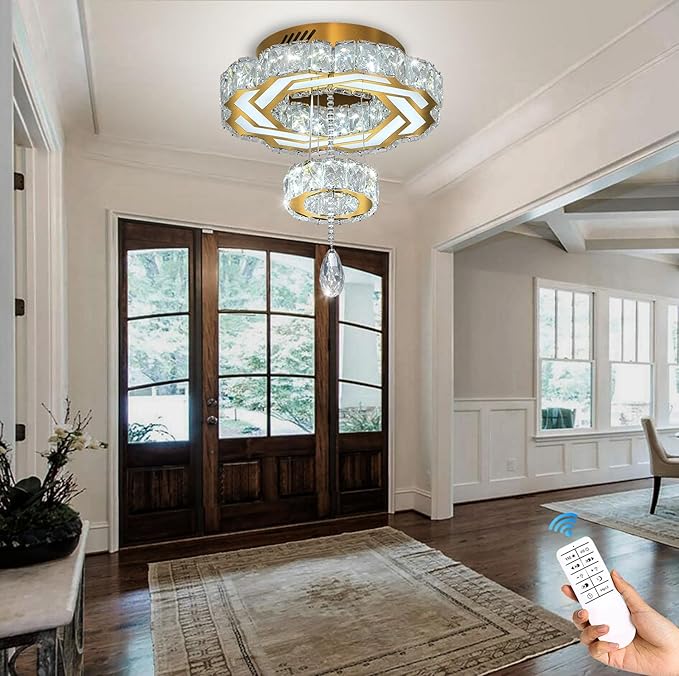 Flashing God Small Crystal Chandeliers Dia 12" Gold Chandelier Flush Mount Ceiling Light for Bedroom Living Room Dining Room Hallway Dimmable 3 Rings LED Celing Lighting Fixtures