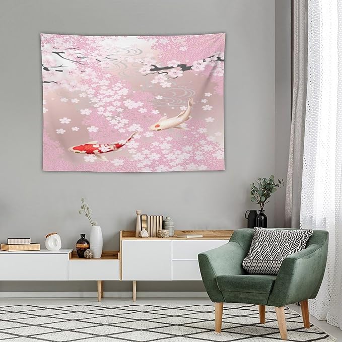 Houselerax Japanese Koi Fish Tapestry, Cherry Blossoms Asian Oriental Pink Flower Branch Koi Fish Carp Tapestries Wall Hanging for Bedroom Living Room Office Decor 40"x30"