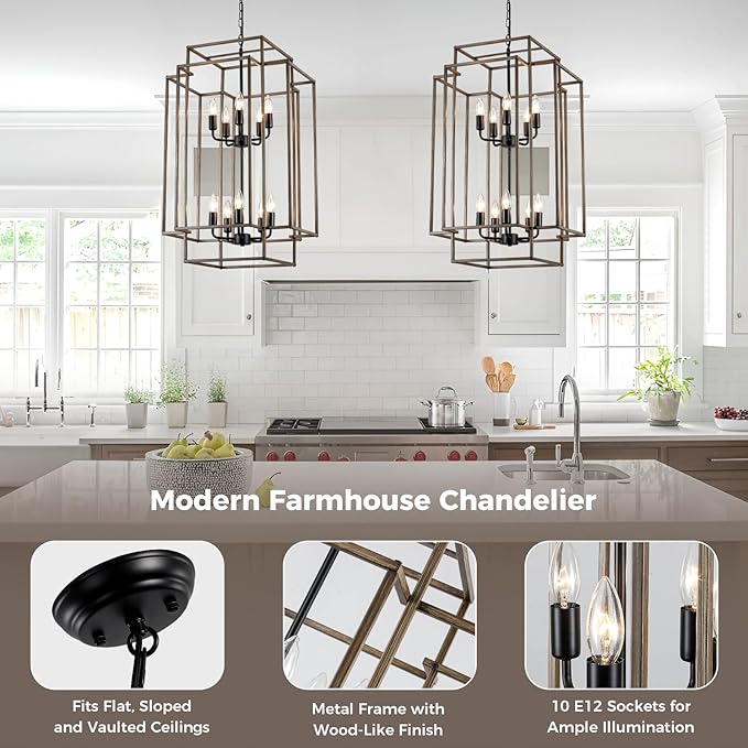 30" Black Farmhouse Chandelier, 10-Light Foyer Lighting Fixtures, Lantern Tiered Pendant Light Fixtures, Metal Wood Grain Finish Rustic High Ceiling Chandelier for Dining Room Entryway Staircase