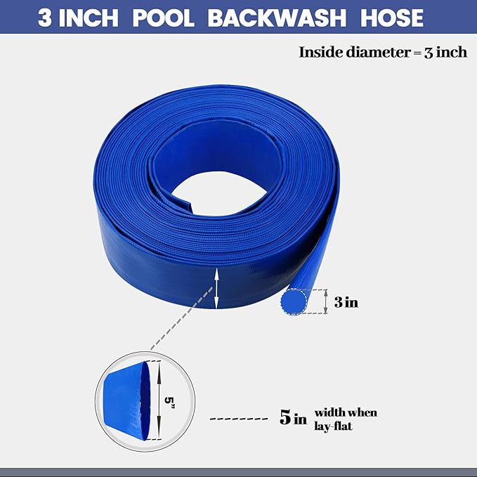 Eastran 3”Diameter x 50ft Blue Backwash Hose for Swimming Pools, 5 inch Width When Pool Hose Lay-Flat,Heavy Duty Discharge Hose Reinforced Pool Drain Hose,Draining Hoses Ideal for Water Transferring