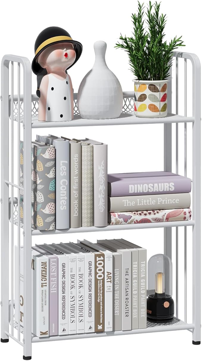 Bookshelf Storage Shelf Bookcase Freestanding Storage Stand Book Organizer for Living Room, Bedroom, Kitchen, Rust Resistance,Easy Assembly Multi-Functional Organizer(3 Tiers,White)