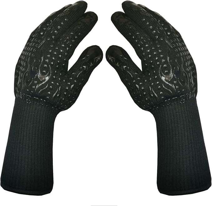 Mitts Oven Gloves with Fingers BBQ Heat Resistant Gloves Oven Gloves 1472℉ 14Inch Cut Resistant Cooking Grill Gloves Silicone Non-Slip Cooking Gloves for Grilling/Baking for Gift (Large, Black)