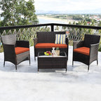 Goplus 4-Piece Rattan Patio Set, Outdoor/Indoor Wicker Conversation Set for Pool, Backyard, Lawn, Wicker Chairs and Sofa with Soft Cushion, Rattan Furniture with Tempered Glass Coffee Table