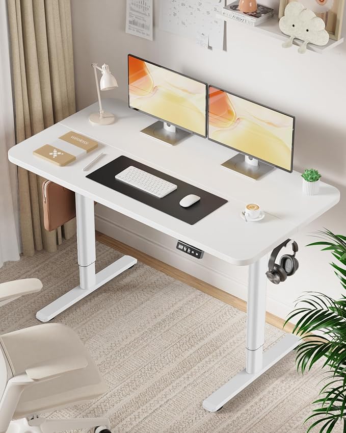 Electric Standing Desk Adjustable Height Stand Up Desk, 48" x 24" Sit Stand Desk, Low Noise Home Office Desk, Computer Desk with Splice Board, Child Lock & Memory Function, White