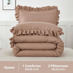 Andency Taupe Queen Comforter Set(90x90Inch), 3 Pieces(1 Ruffle Comforter and 2 Pillowcases) Solid Bedding Comforter Sets for Queen Bed, Lightweight and Fluffy Soft Microfiber Bedding Set