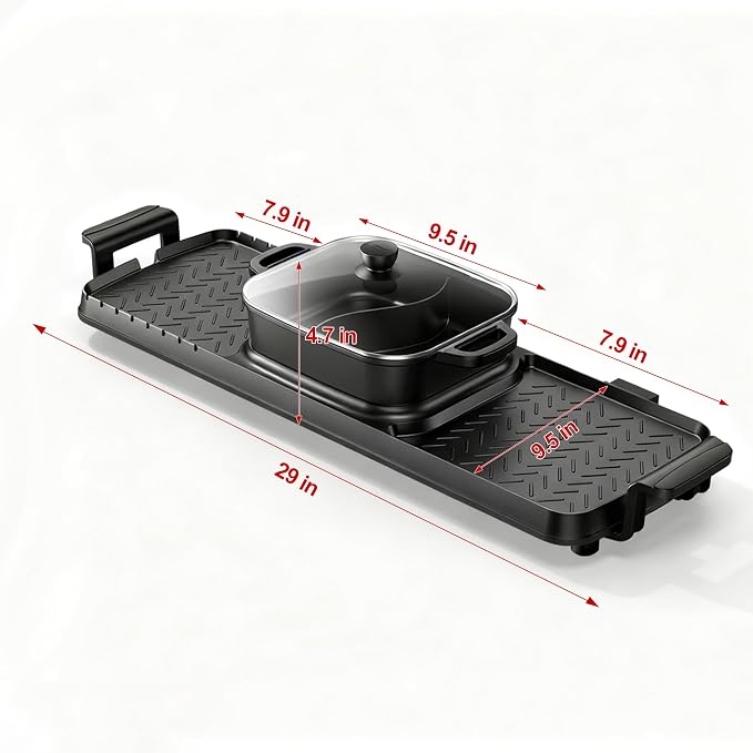2250W Electric Grill and Hot Pot Combo, 29 x 9.5 Inch Smokeless Indoor BBQ Grill with Easy to Clean, Dual Zone Temperature Control, Includes Food Tongs, Oil Brush, Soup Spoon, Strainer Black