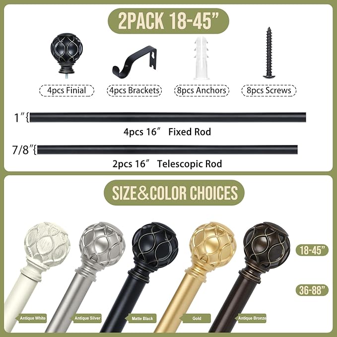 Black Adjustable Curtain Rods for Windows:Farmhouse Heavy Duty Curtain Rod for Bedroom Living Room,Boho Decorative Rustic Drapery Rods with Vintage Coastal Finials,Matte Black 2 Pack 18-45"