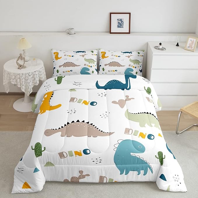 Feelyou Cute Dinosaur Comforter Set Cartoon Cactus Bedding Set Decor Jungle Dino Boho Succulent Comforter Wild Animal Pattern Yellow Grey Duvet Set Bedroom Quilt Set 3Pcs King