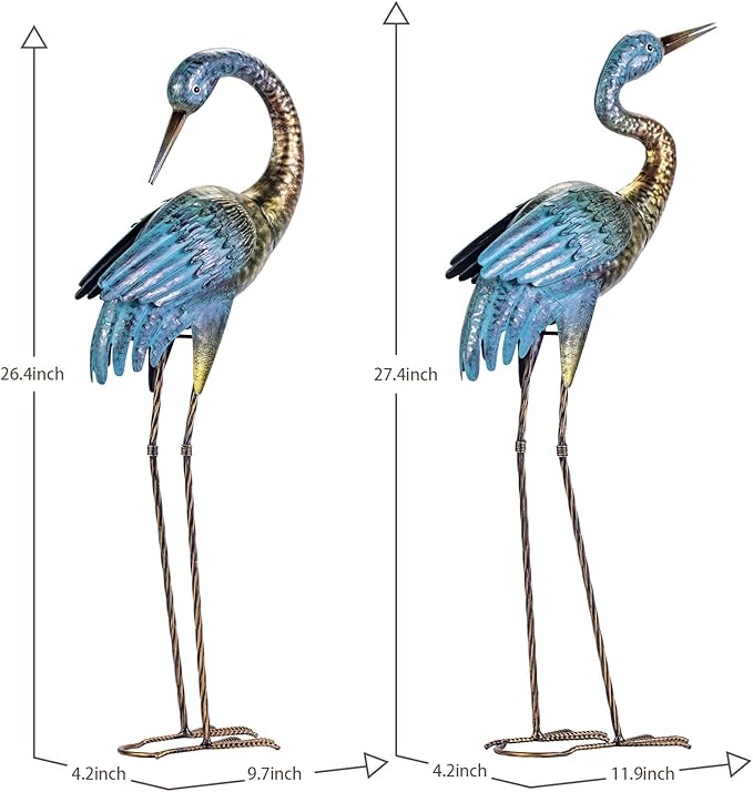 Natelf Garden Crane Statues Outdoor, Standing Blue Heron Decoy Sculptures, Metal Bird Yard Art for Lawn Patio Backyard Decoration(Set of 2)