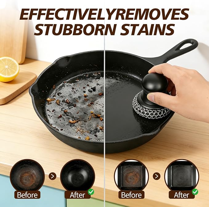 316 Upgraded Cast Iron Scrubber with Pan Scraper,Cast Iron Cleaner for Grill Pan Skillet Wok Carbon Steel,Ergonomic to Hold Easy to Use Dishwasher Safe ((Small&Large Chainmail,2pcs))