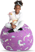 Creative QT Stuff ’n Sit Large 33’’ Bean Bag Storage Cover for Stuffed Animals & Toys – Purple Unicorn Print – Toddler & Kids’ Rooms Organizer – Beanbag Makes Great Plush Toy Hammock Alternative