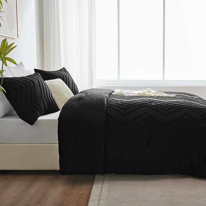 CozyLux King Size Comforter Set Black - 3 Pieces Black Boho Tufted Shabby Chic Bedding Comforter Set for All Seasons, Chevron Bedding Sets with Comforter & 2 Pillow Shams