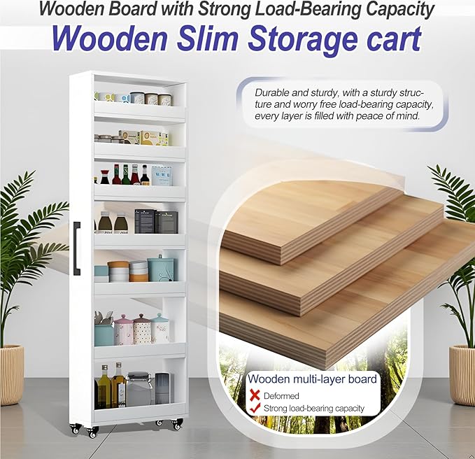 7-Tier Slim Storage Cart, Wooden Rolling Pantry Cabinet with Wheels, Narrow Shelf Organizer for Kitchen, Bakers Rack, Dining Room, Closet, Small Spaces Dark Walnut 73.2''H*7.8''W*19.6''D