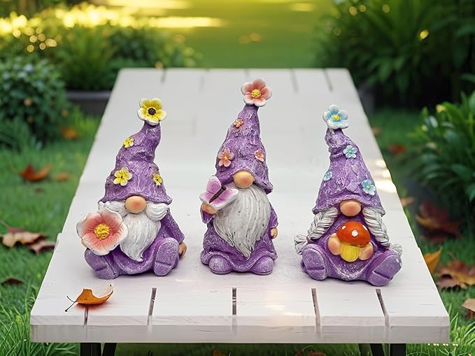 Gnome Decoration Figurine Outdoor Statue Resin 3pcs Flowers Spring Gnomes, Home Decoration Ornaments for Desktop Bookshelves Courtyard Garden Gift (Purple)