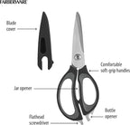 Farberware 4-in-1 Kitchen Shears with Sheath, High-Carbon Stainless Steel Scissors with Bottle Opener, Jar Opener and Screwdriver, Grey and Black Ergonomic Handle