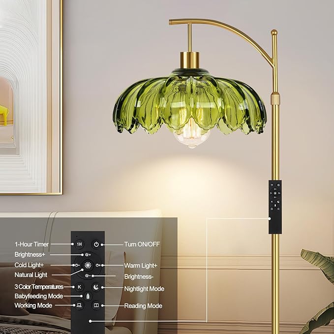 Gold Floor Lamps for Living Room Glass Vintage Floor Lamp with Remote Control,Dimmable Mid Century Modern Standing Lamp with 3 Color Temperature Tall Flower Lamp Brass Floor lamp for Bedroom Corner