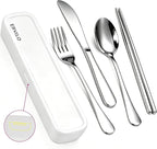 Travel Utensils with Case, Stainless Steel Portable Cutlery Set, Lunch Box Silverware for Work Camping Picnic, Reinforced Case with Snap-Lock Closure, Include Fork Spoon Knife Chopsticks, Silver