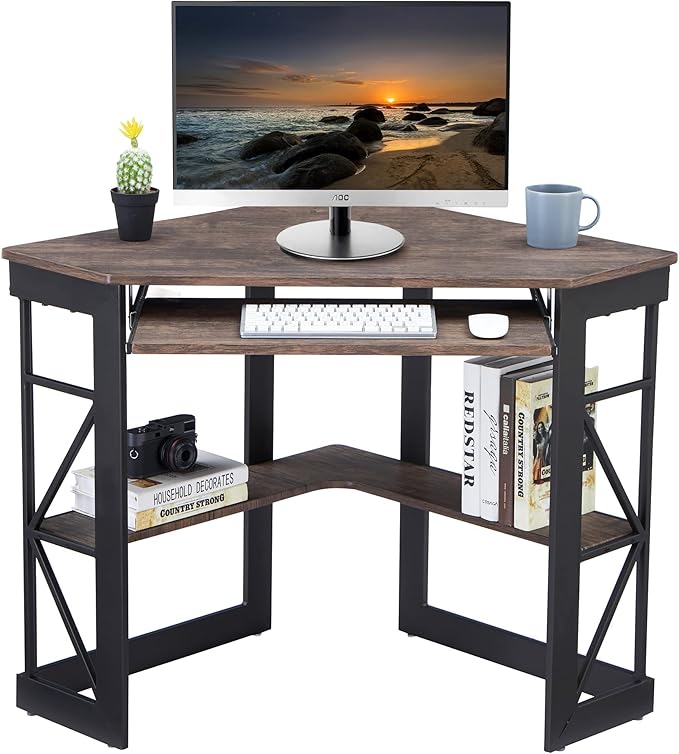 VECELO Corner Computer Desk Writing Smooth Keyboard Tray & Storage Shelves,Compact Home Office Triangle Table, Rustic Natural Brown