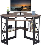 VECELO Corner Computer Desk Writing Smooth Keyboard Tray & Storage Shelves,Compact Home Office Triangle Table, Rustic Natural Brown