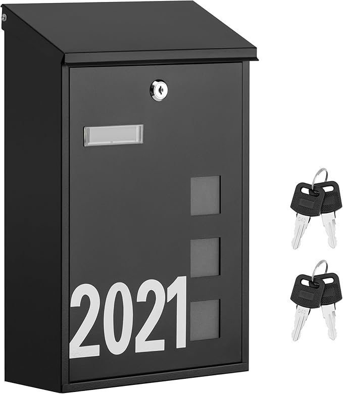LAND·VOI Wall Mounted Mailbox with 4 Keys, Post Box for Wall and Fence, Viewing Windows, Nameplate, 3.94 x 9.8 x 15.6 Inches, Large Capacity, Includes Mailbox Numbers, Matt Black, AMB31B