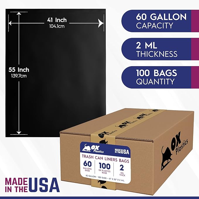 Ox Plastics 60 Gallon Trash Can Liners Garbage Bags - 100 Count & 2mil Thick Extra Heavy Duty Trash Bag Strength -Large Garbage, Leak-Proof & Durable