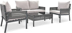 4-Piece Patio Conversation Furniture Set, Rope Weave Outdoor Loveseat Sofa with 2 Armchairs, Thick Cushion&Tempered Glass Table, for Garden Backyard, Onesize, Gray