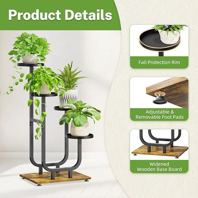 iDavosic.ly 4 Tier Plant Stand Indoor, Corner Tiered Multiple Flower Holder Shelf with Metal Trays, Orchid Display Wooden Rack for Patio Porch Living Room Balcony Outdoor, Modern Black & Rustic Brown