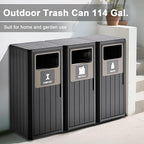 Outdoor Three Barrel Trash Can,Waterproof Resin Garbage Can with Garbage Labels,Durable Waste Bin for Porch, Backyard,Kitchen,for 30 to 39 Gallon Trash Bags