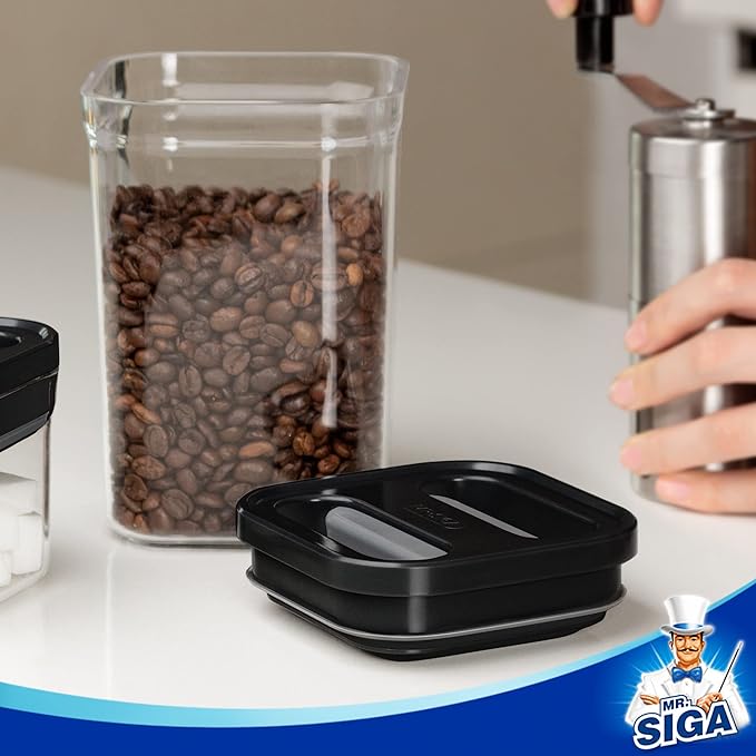 MR.SIGA 6 Piece Airtight Food Storage Container Set, BPA Free Kitchen Pantry Organization Canisters, One-handed Kitchen Storage Containers for Cereal, Spaghetti, Pasta, Black